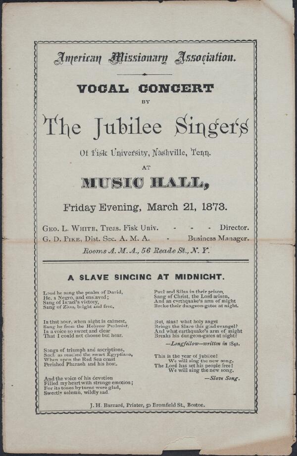 First page of Vocal Concert by The Jubilee Singers of Fisk University, Nashville, Tenn. at Music Hall