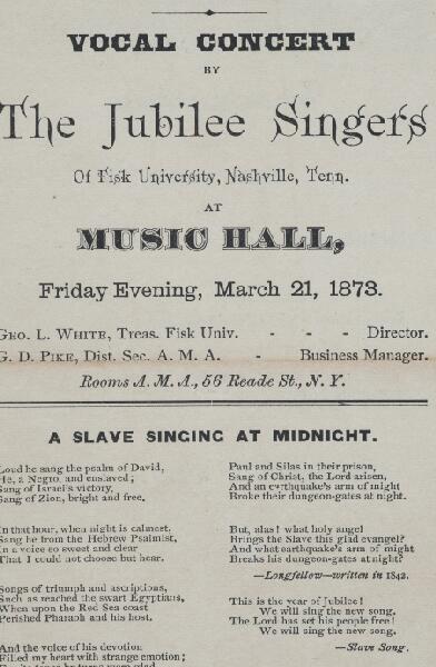 First page of Vocal Concert by The Jubilee Singers of Fisk University, Nashville, Tenn. at Music Hall