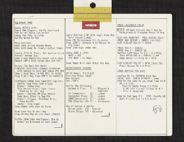 First page of Apollo 15 FDF: SEVA, ONE MAN EVA, SIM PWR DOWN, and Cue Cards
